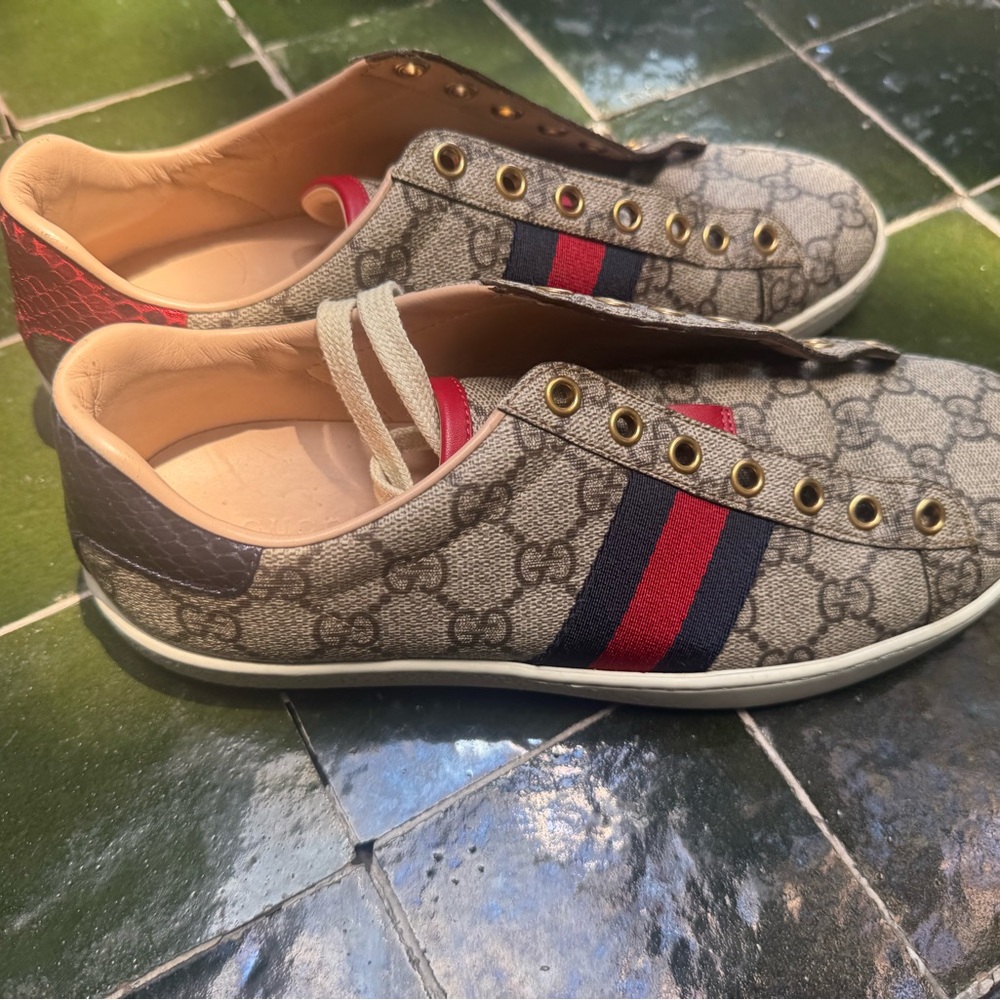 Gucci Beige and Navy Sneakers with Red Stripes